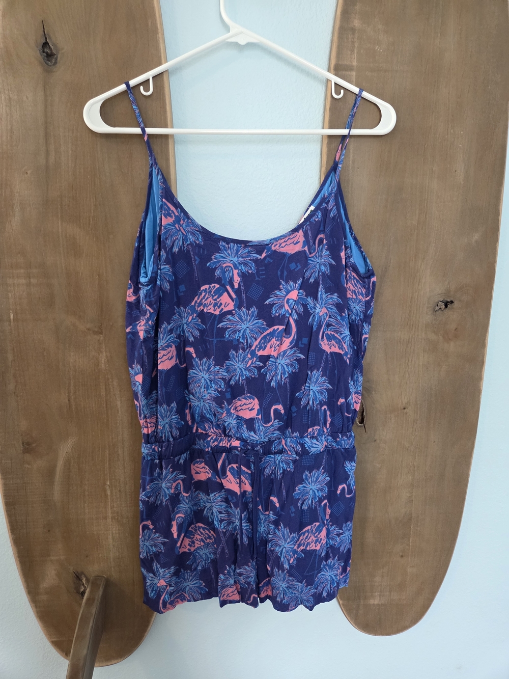 Tipsy Elves Navy Blue Romper with Pink Flamingo Print